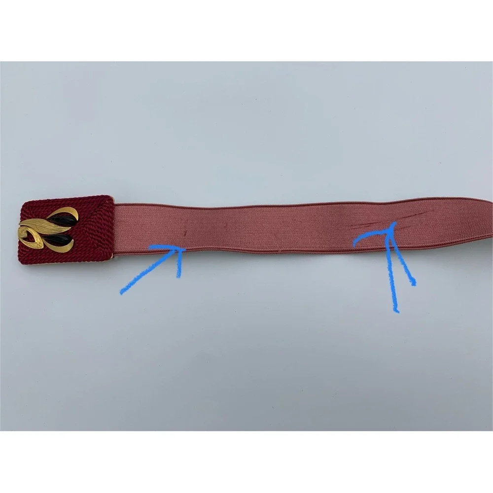 Vintage Mauve Elastic Cinch Belt Gold‎ Tone Black Enamel Filigree Buckle Retro